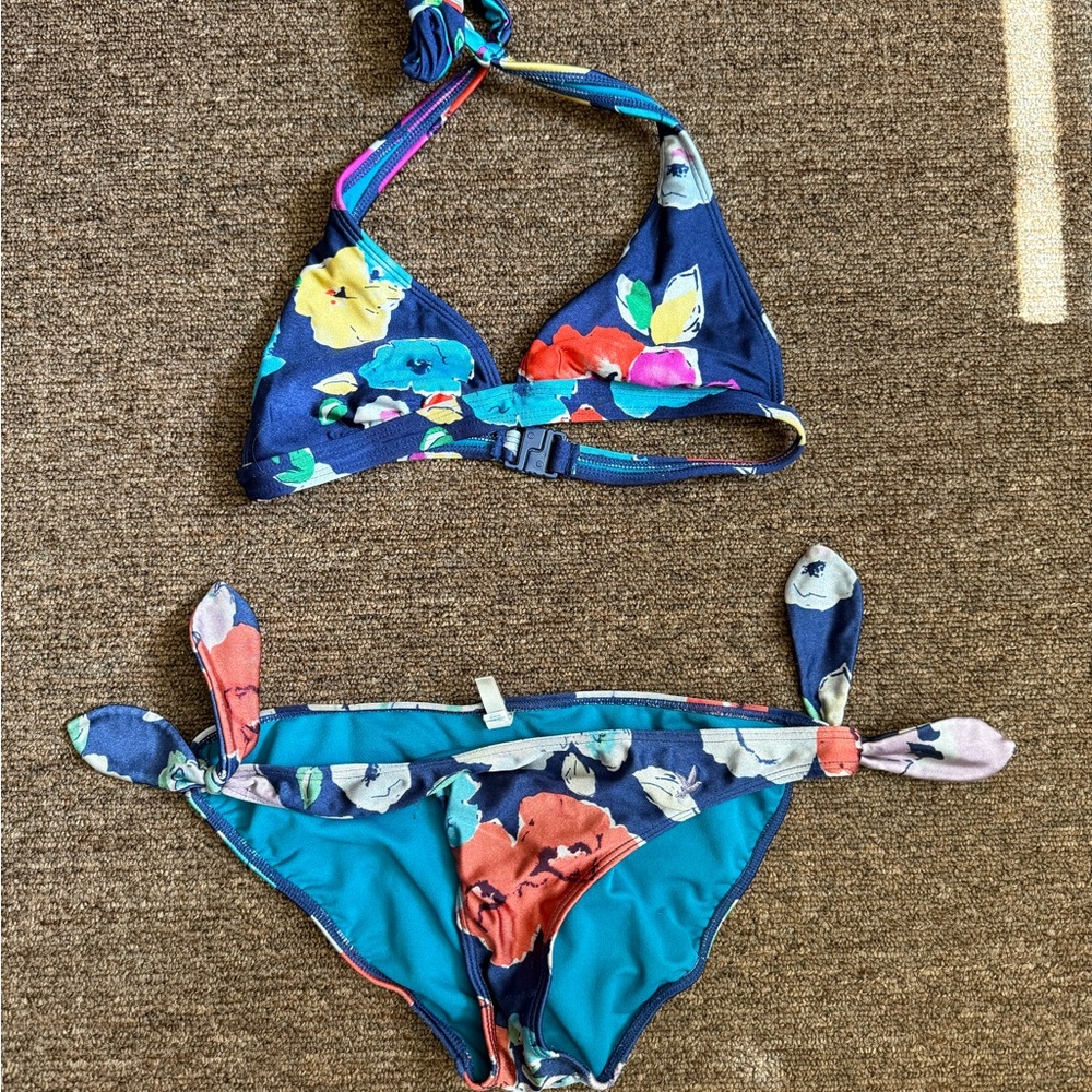 Aerie Navy Floral Halter Bikini with Multicolor Blooms